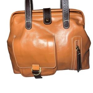 EUC NorthStyle Vintage Camel Leather Hinge Top Tote Bag Deep Chocolate Handles